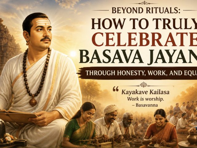 Basavanna depicted writing Vachanas beside a Shiva linga, with devotees at work and worship, illustrating the article on honoring Basava Jayanti through honesty, work and equality