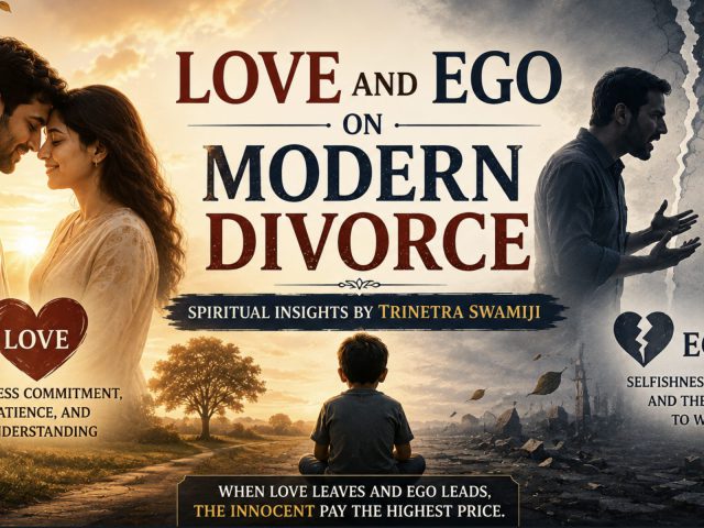 Split image contrasting a loving couple with love, patience and understanding against a quarreling couple representing ego and selfishness, with a child sitting alone between them, illustrating the cost children pay in modern divorce