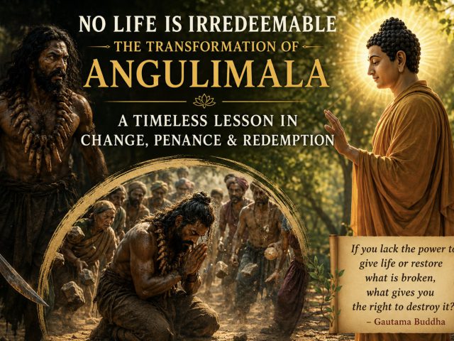 Angulimala confronting Gautama Buddha, illustrating the story of his transformation and redemption